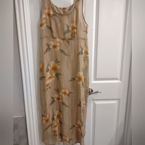 Tan Floral Long Dress with Separate Solid Tan Color Lining Size Large